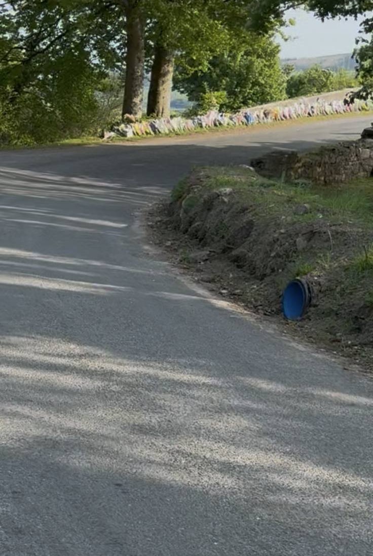 Later family view of a blue pipe opening at the base of an exposed roadside bank, on the right in the photograph.