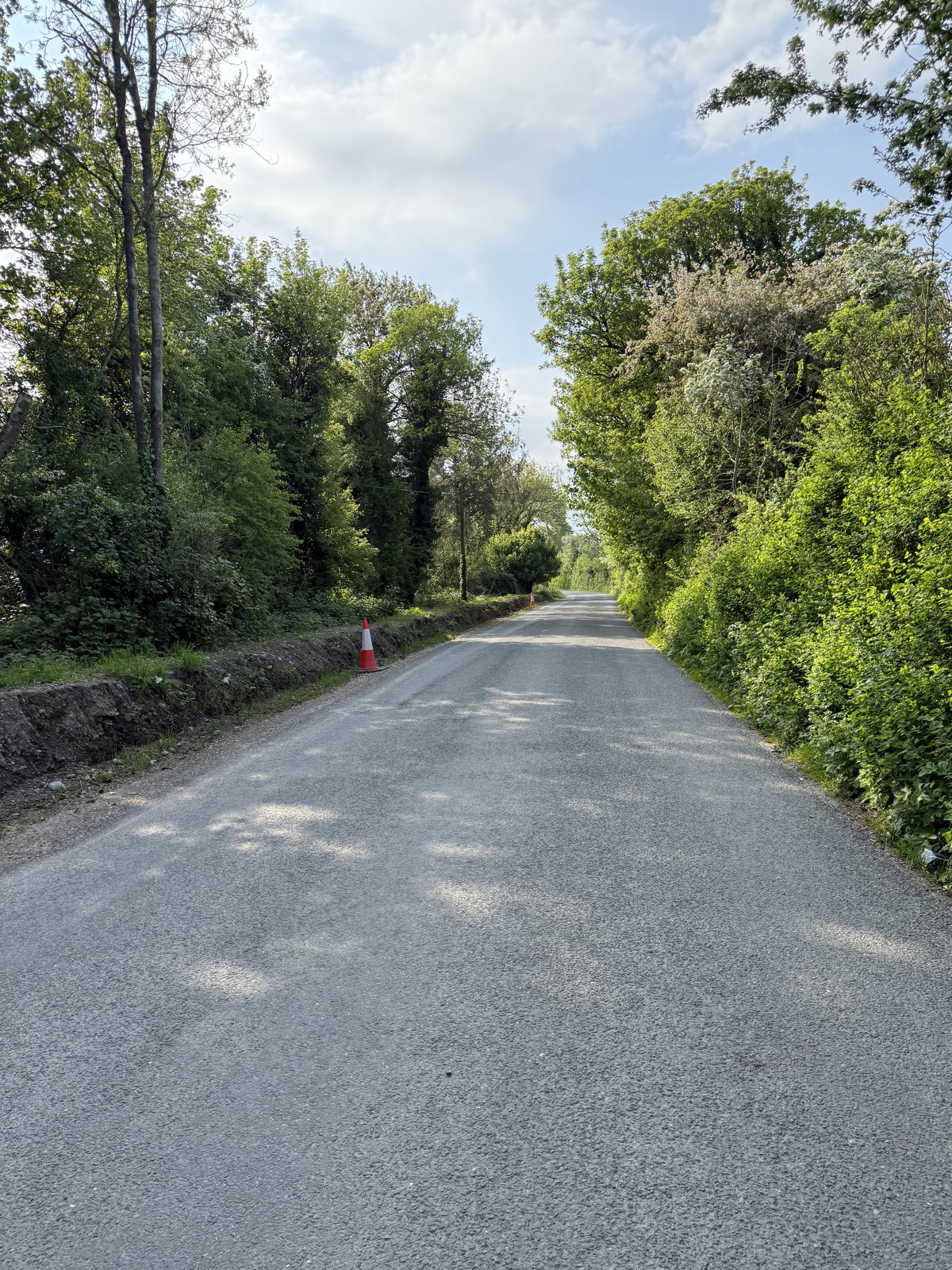 The family’s later photograph of exposed earth beside the road, with a channel at its base and cones along the margin
