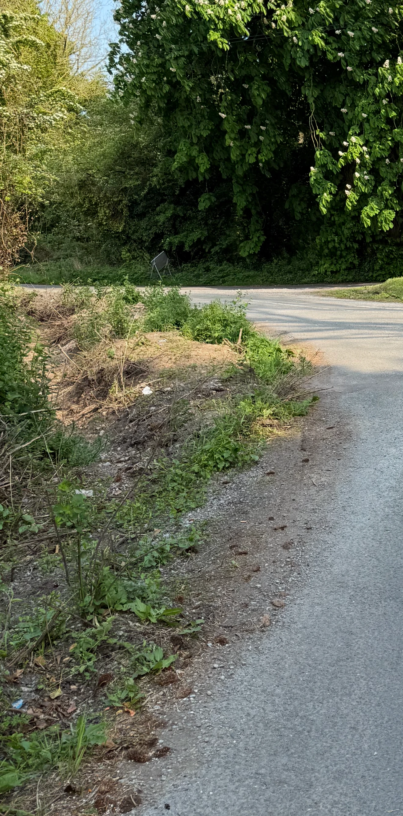Closer view of the roadside channel and exposed soil. Screen controls cropped; original retained.