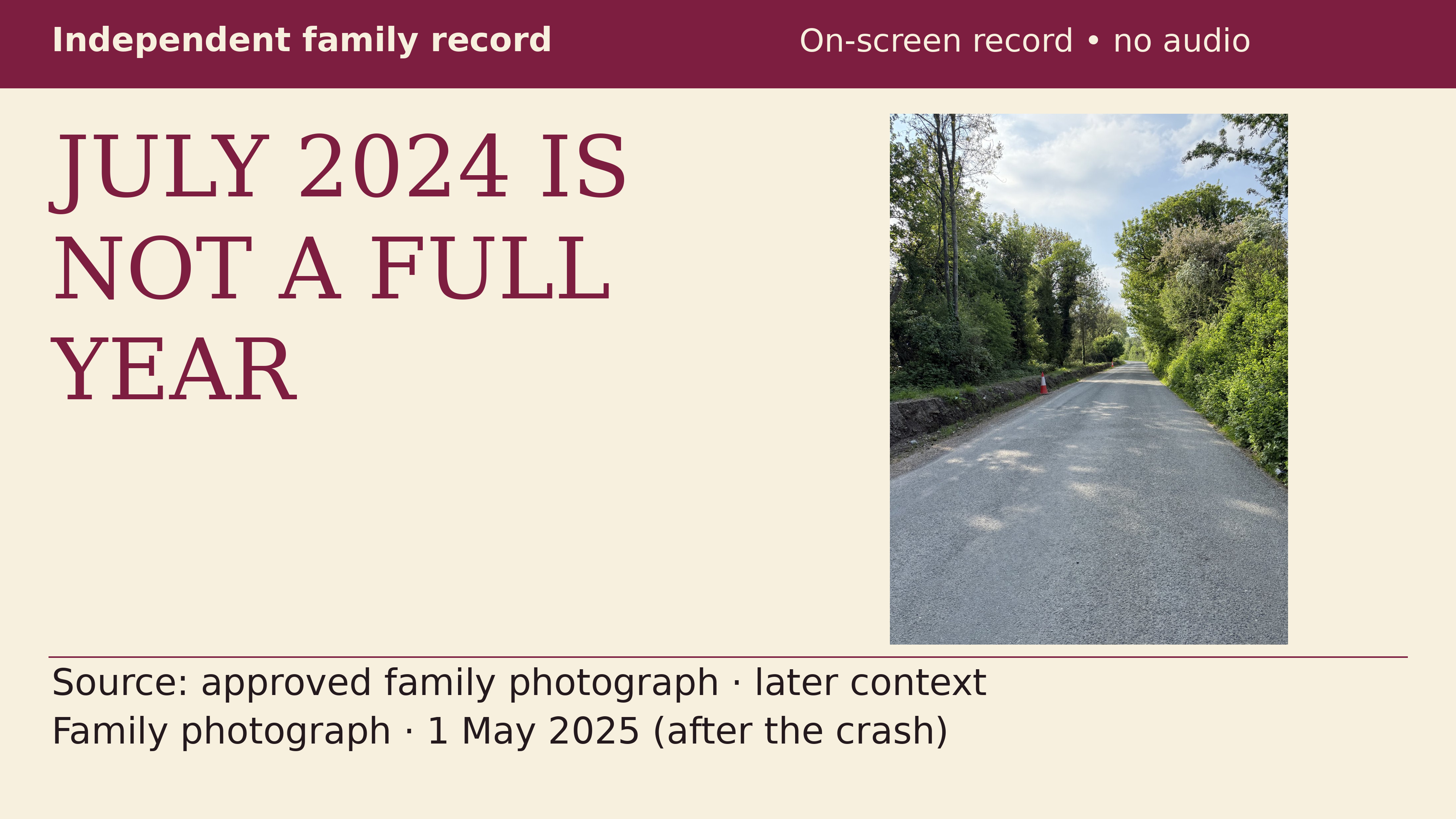 JULY 2024 IS NOT A FULL YEAR. Real family photograph of the road approach and adjacent exposed earth bank, with cones visible near the road edge, taken on 1 May 2025, after the crash. The bridge is not visible; this is later local context, not evidence of crash-time conditions.