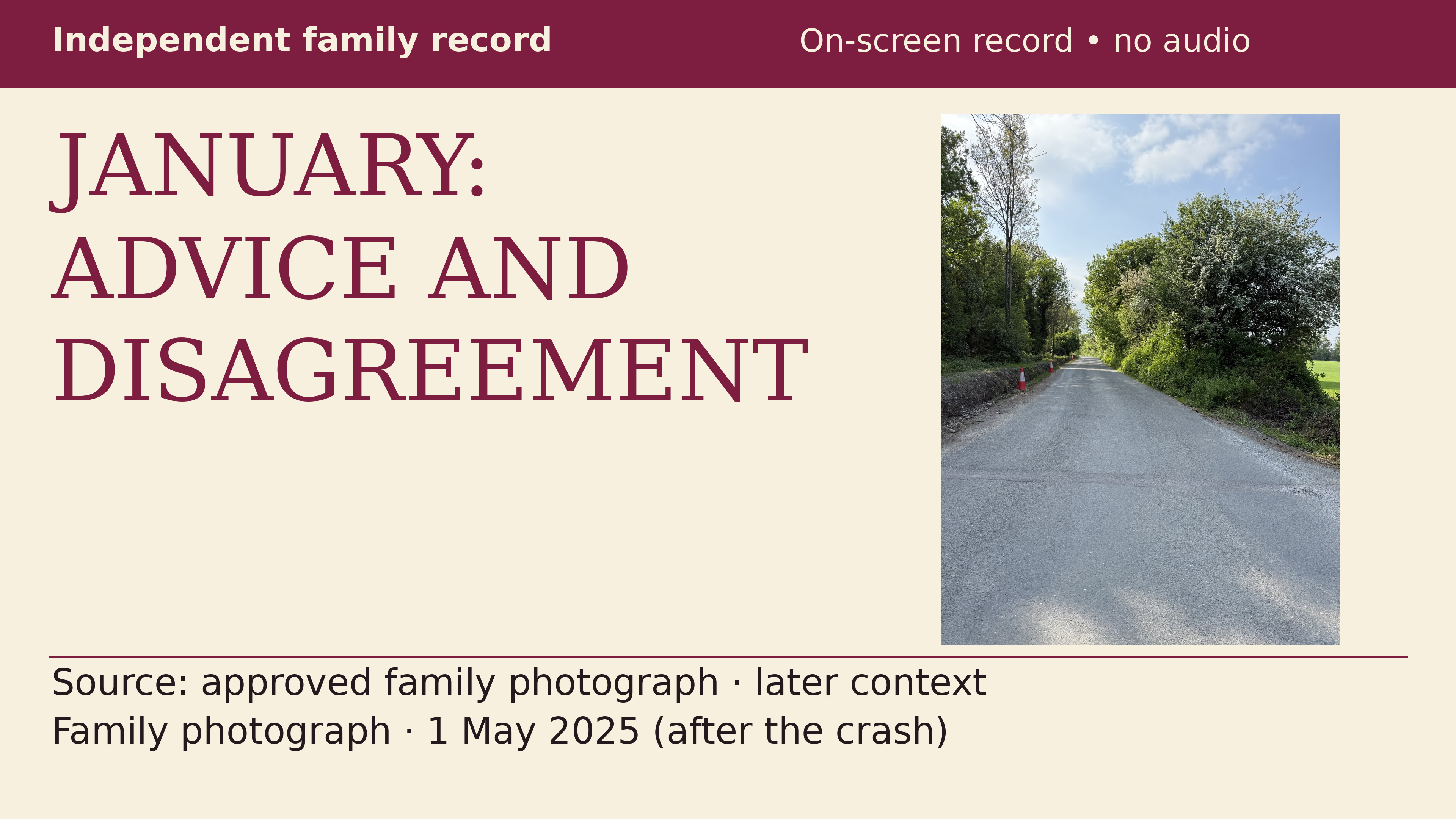 Real family photograph of the Kilmoyler road approach on 1 May 2025, after the crash, with the headline: JANUARY: ADVICE AND DISAGREEMENT